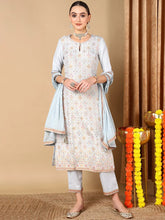 Women Blue Silk Blend Ethnic Motifs Woven Design Kurta Trouser With Dupatta